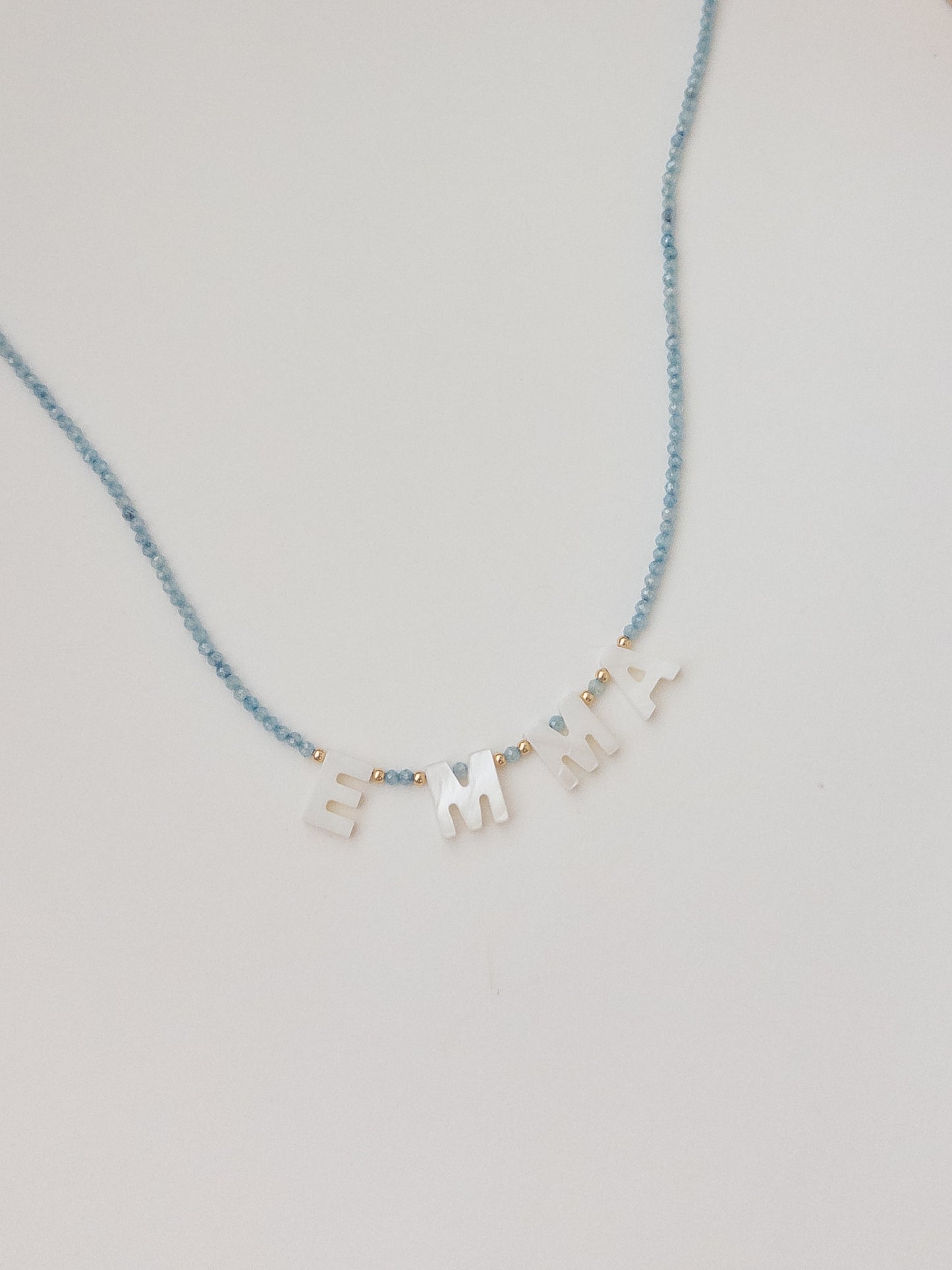 Mother of Pearl Name Necklace - Blue Aqua